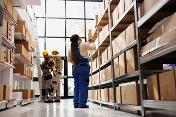 African american distribution manager doing factory merchandise inventory in storage room. Warehouse operator checking goods stock supply and planning products dispatching