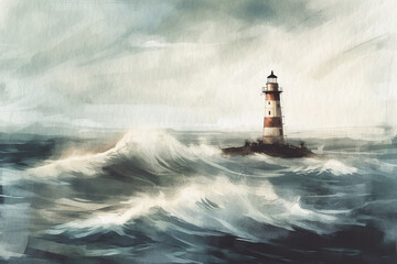 Lighthouse during a storm, seascape painted with watercolors on textured paper. Digital Watercolor Painting - obrazy, fototapety, plakaty