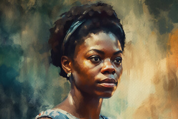 Dark-skinned woman, retro portrait, black woman in headdress, watercolor painting on textured paper. Digital watercolor painting - obrazy, fototapety, plakaty