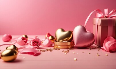 beautiful pink background for Valentine's Day, gold hearth and ribbon decoration