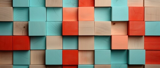 Turquoise and Coral Wooden Blocks in a Tiled Pattern