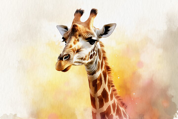 Obraz premium Giraffe, portrait of an animal looking straight ahead, watercolor painting on textured paper. Digital watercolor painting