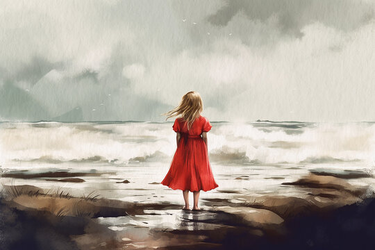 Girl in red dress looking out to sea, back view, painting painted in watercolor on textured paper. Digital watercolor painting