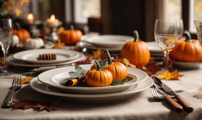 Autumn place setting with fall leaves, napkin and pumpkins. Thanksgiving autumn place setting with...