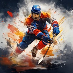 ice hockey player with stick on ice - obrazy, fototapety, plakaty