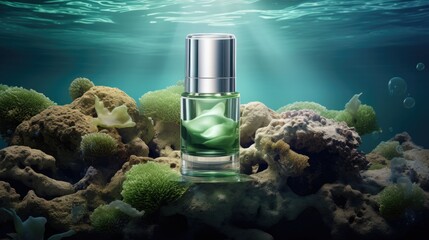 Skincare product display with underwater coral reef background. Beauty and skincare. - obrazy, fototapety, plakaty