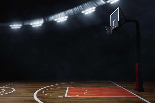 3d illustration empty dark professional basketball court arena at night background
