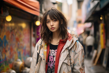 Fototapeta premium Captivating urban portrait of a young Japanese woman