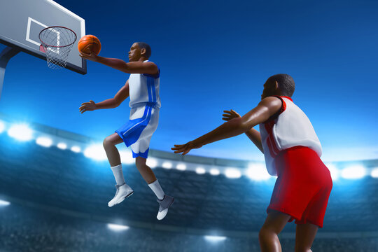 3d illustration two team of young professional basketball player layup in sport arena