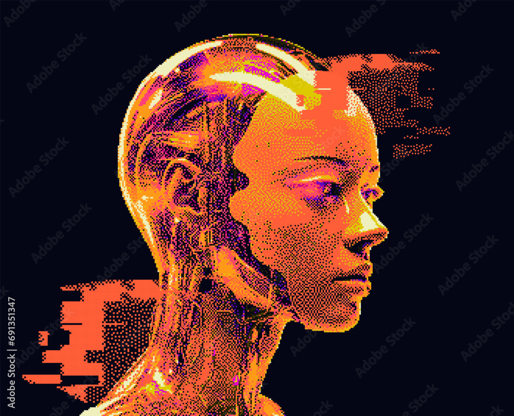 Aufkleber Pixel art of an artificial robotic humanoid head with wires coming from the skull. 