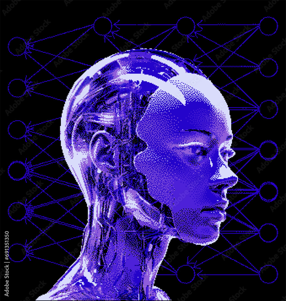 Poster pixel art of an artificial robotic humanoid head with wires coming from the skull.