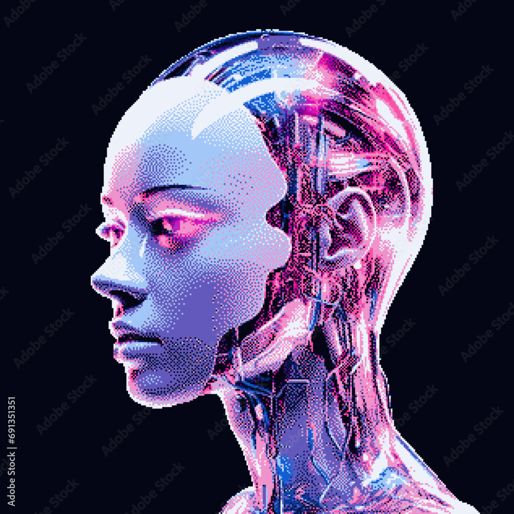 Aufkleber pixel art of an artificial robotic humanoid head with wires coming from the skull.