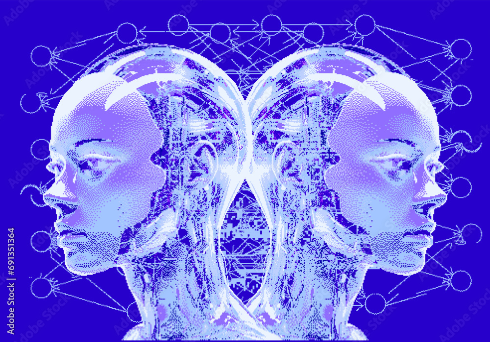 Poster Pixel art of an artificial robotic humanoid head with wires coming from the skull. 