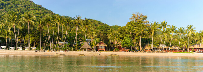 Empty tropical resort on the seashore on Sairee beach on Koh Tao island in Thailand. Landscape...
