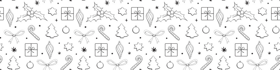 Vector seamless pattern of outline festive symbols - figures of Christmas trees, holly berries, presents, candy canes, stars in doodle style. Background and texture on theme New Year, xmas - obrazy, fototapety, plakaty