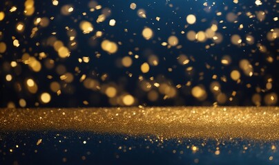Obraz premium bstract background with gold stars, particles and sparkling on navy blue. Christmas Golden light shine particles bokeh on navy blue background