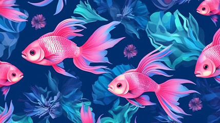 School of exotic fish seamless pattern - obrazy, fototapety, plakaty