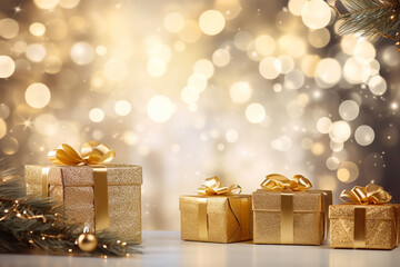 Gold gift box with gold ribbon with blurry light background generated.AI