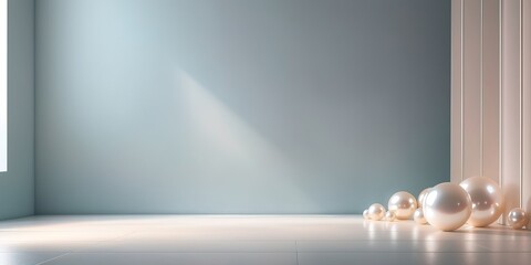 A product presentation is enhanced by a simplistic abstract light pearl-colored background. The wall and floor are illuminated by natural light streaming in through the window.