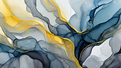 Beautiful Alcohol Ink Art Background, Blue, Yellow, Gray and Black Color theme, marble design, Ink art background