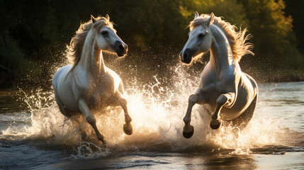 Obraz na płótnie Canvas Stallions fight in the river
