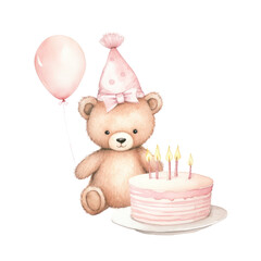 Watercolor illustration of happy birthday bear with party cake and balloon.