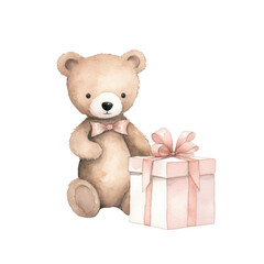 Watercolor illustration of happy birthday bear with giftbox.