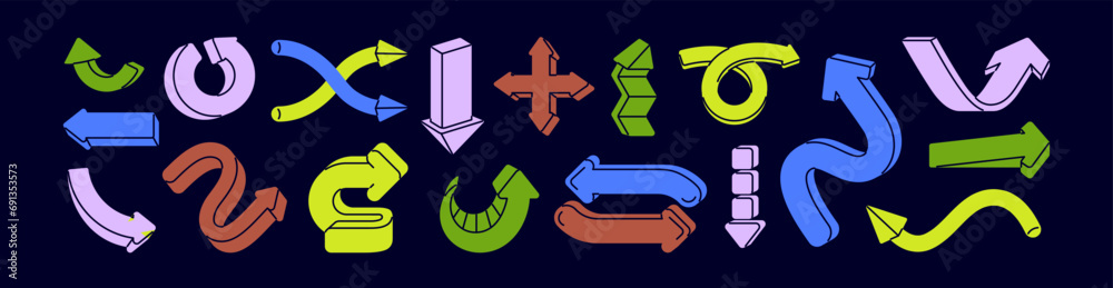 Leinwandbilder Arrows, pointers designs set. Curved twisted elements, showing direction, navigation in doodle retro style. Cursors pointing, download, undo, update symbols. Isolated flat graphic vector illustrations