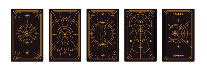 Tarot designs set. Esoteric occult card backgrounds, reverse back view. Magic spiritual celestial symbols. Sacred sun, star, crescent. Flat graphic vector illustrations isolated on white background - obrazy, fototapety, plakaty