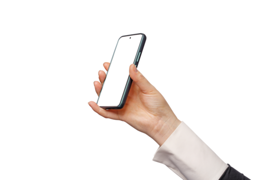  Hand holding smartphone device touching screen, isolated on free PNG background.