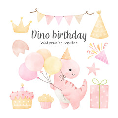 Watercolor dinosaur girl birthday Decoration nursery party Baby shower Print for invitation card Poster Template