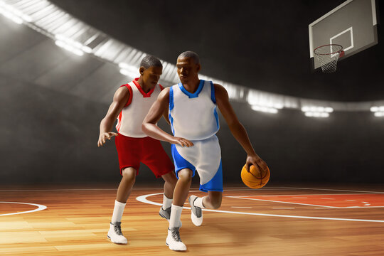 3d illustration two team of professional basketball play running dribblling in sport arena