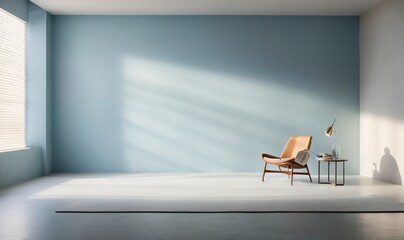 simplistic light blue backdrop is utilized for showcasing the product. The plaster wall is adorned with shadows and natural light streaming in through the windows