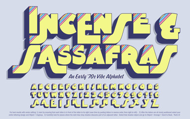 Incense and Sassafras is an early 1970s pop art style of vivid, splashy, and playful lettering, that can be arranged into logos, t shirt messages, and headlines