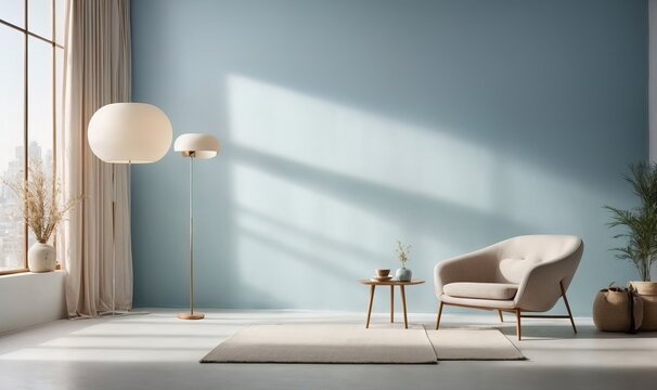 simplistic light blue backdrop is utilized for showcasing the product. The plaster wall is adorned with shadows and natural light streaming in through the windows