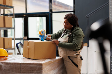 African american supervisor preparing clients orders, using adhesive tape to pack products in cardboard boxes in storehouse. Storage room employee wearing industrial overall during warehouse inventory