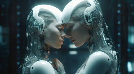 portrait of two futuristic loving persons 