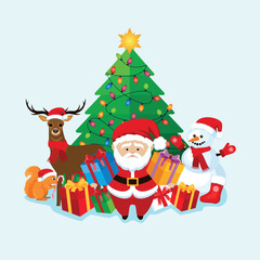 Cute Santa Claus, deer, snowman and christmas tree with garland lights cartoon vector illustration. Decorated christmas tree, santa, gifts, reindeer and snowman icon set isolated on a blue background