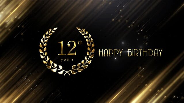 Happy 12th birthday banner with golden background and laurel wreath
