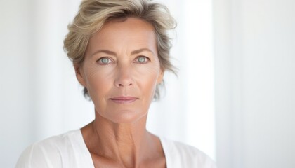 50 years old woman with short blond hair bright blue eyes a very beautiful skin bright against a white background