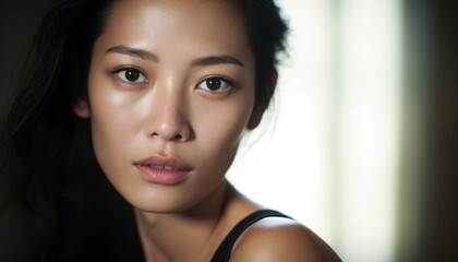 young pretty Asian woman with dark eyes and black hair portrait, neutral facial expression