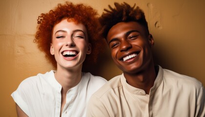 Couple a red-haired woman with curly hair and a dark-skinned man with curly hair laughing together