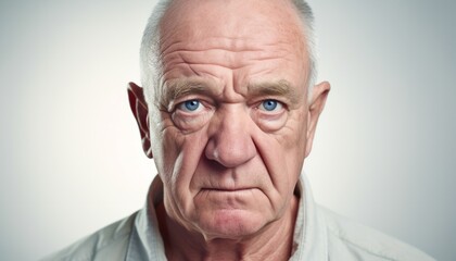 High key studio shot of an old man with wrinkles blue eyes and a serious look