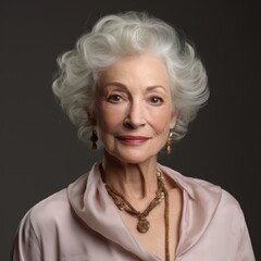 elegant senior woman made up with jewellery curly short grey hair a friendly facial expression