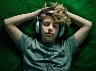 Boy with big headphones and fuzzy blond hair green T-shirt both hands above head eyes closed lying on green background