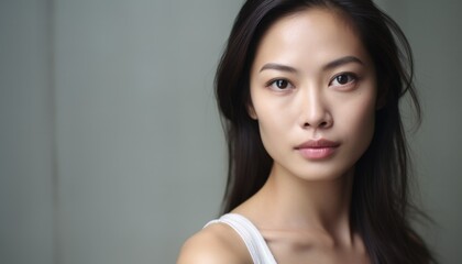 young asian woman with dark eyes pretty face and straight black hair white top, copy space