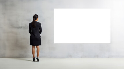 Obraz premium A stylish woman in a sleek black suit stands confidently before a white board adorned with intricate sketches of clothing and footwear, showcasing her keen eye for fashion and her artistic flair