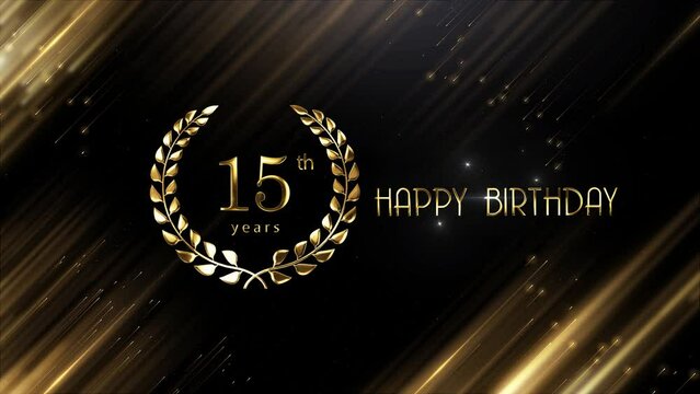Happy 15th birthday banner with golden background and laurel wreath