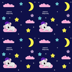 Fototapeta premium Sleep seamless pattern with clouds, stars, coala and moon. Children pattern