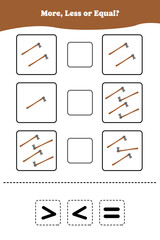 More, less or equal. Educational counting game for kids. Learning mathematic with axe.